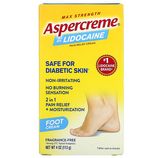 Aspercreme, Crema para aliviar el dolor en los pies con lidocaína al 4%, Concentración máxima, Sin fragancia, 113 g (4 oz)
