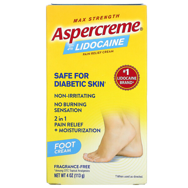 Crème pour les pieds antidouleur avec 4 % de lidocaïne, Force maximale, Sans parfum, 113 g
