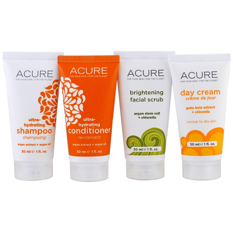 Acure Organics, Travel Pack, Shampoo, Conditioner, Brightening Facial Scrub, Day Cream, 4 Pack