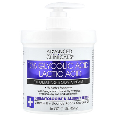 Product Image for Advanced Clinicals, 10% Glycolic Acid, Lactic Acid, Exfoliating Body Cream, 16 oz (454 g)