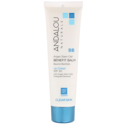 Andalou Naturals BB Argan Stem Cell Benefit Balm, Clear Skin, SPF 30, Un-Tinted, 2 fl oz (58 ml)