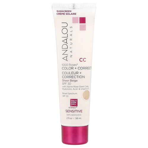 Andalou Naturals 1000 Roses®, Color + Correct, Sensitive, SPF 30, Sheer Beige, 2 fl oz (58 ml)