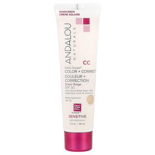 Andalou Naturals, 1000 Roses®, Colour + Correct, Sensitive, SPF 30, czysty beżowy, 58 ml