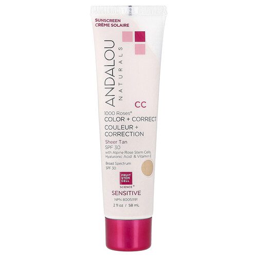 Andalou Naturals 1000 Roses®, Color + Correct, Sensitive, SPF 30, Sheer Tan, 2 fl oz (58 ml)