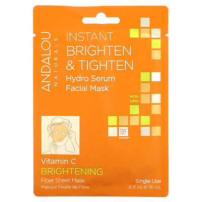 

Andalou Naturals, Instant Brighten & Tighten, Hydro Serum Beauty Facial Mask, 1 Single Use Fiber Sheet Mask, 0.6 fl oz (18 ml)