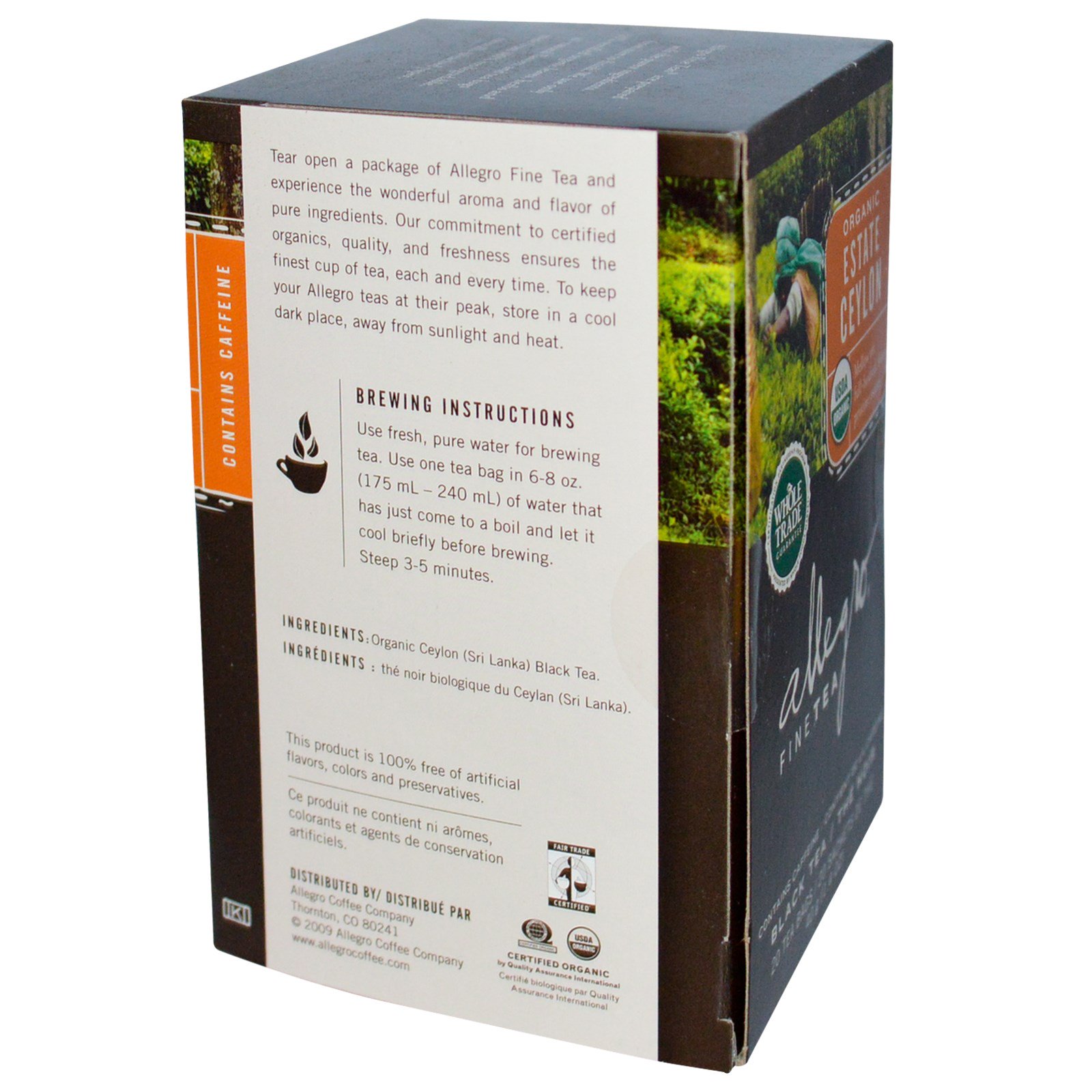 Allegro Fine Tea, Organic, Black Tea, Estate Ceylon, 20 Tea Bags, 1.4