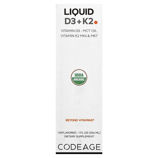 Codeage, Liquid D3 + K2, Unflavored, 1 fl oz (29.6 ml)