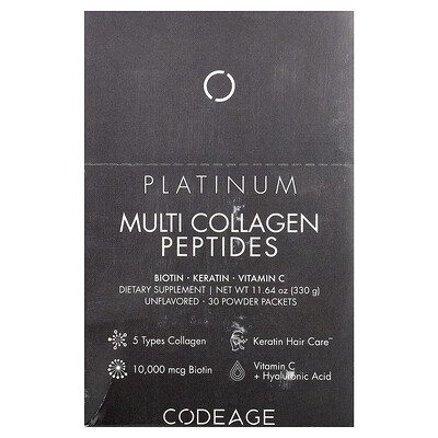 Product Image for Codeage, Multi Collagen Peptides, Platinum, Unflavored, 30 Packets, 0.38 oz (11 g) Each