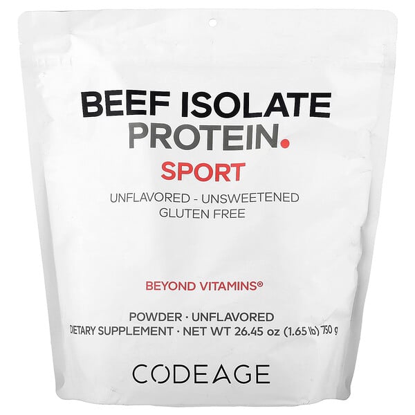 Codeage Sport, Beef Isolate Protein Powder, Unflavored, 1.65 lb (750 g)