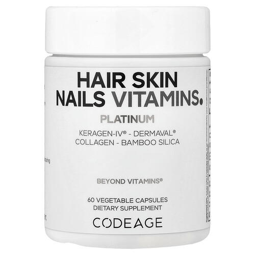 Codeage, Hair Skin Nails Vitamins, Vitamine für Haare, Haut und Nägel, Platin, 60 pflanzliche Kapseln