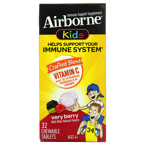AirBorne, Kids, добавка для поддержки иммунитета, для детей от 4 лет, ягоды, 32 жевательные таблетки