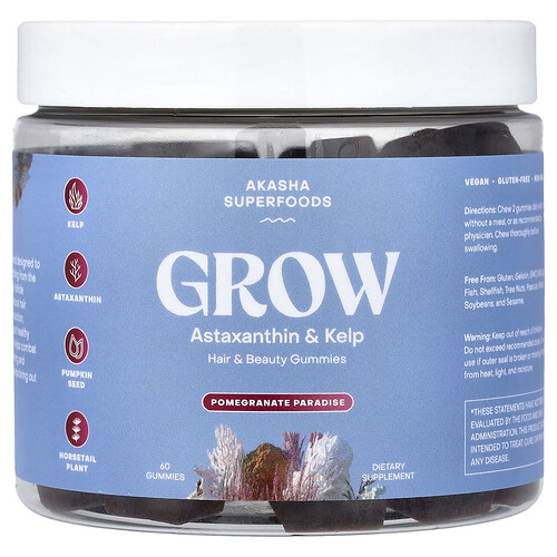 Akasha Superfoods Grow, Hair & Beauty Gummies, Pomegranate Paradise, 60 Gummies