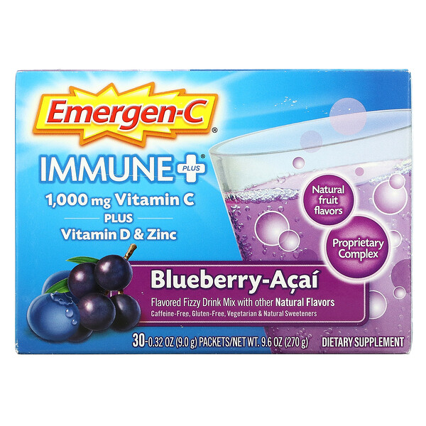 Immune +, витамин C, витамин D и цинк, голубика и асаи, 1000 мг, 30 пакетиков по 9,0 г (0,32 унции)