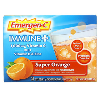 Emergen-C, Immune +, витамин C, витамин D и цинк, супер-апельсин, 30 пакетиков по 9,3 г (0,33 унции)