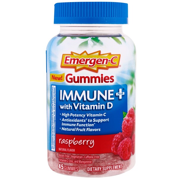 Emergen-C, Immune Plus with Vitamin D Gummies, Raspberry, 45 Gummies ...