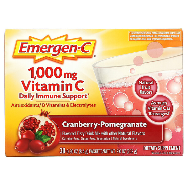 Vitamin C, Flavored Fizzy Drink Mix, Cranberry-Pomegranate, 1,000 mg, 30 Packets, 0.30 oz (8.4 g) Each