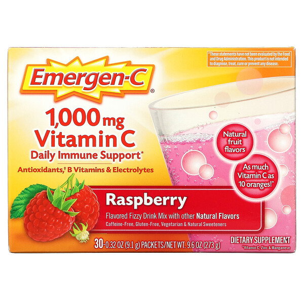 Emergen-C, Vitamin C, Flavored Fizzy Drink Mix, Raspberry, 1,000 mg, 30 Packets, 0.32 oz (9.1 g) Each