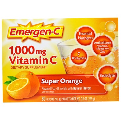 Emergen-C Super Orange, витамин С, 1000 мг, апельсин, 30 пакетиков, 9,1 г (0,32 унции) каждый