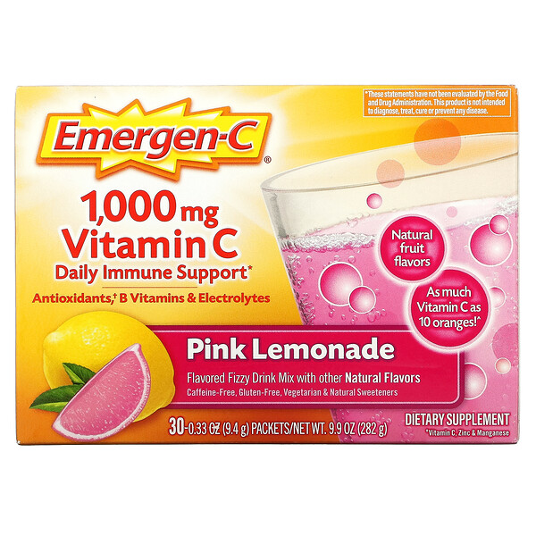 Emergen-C, Vitamin C, Flavored Fizzy Drink Mix, Pink Lemonade, 1,000 mg, 30 Packets, 0.33 oz (9.4 g) Each