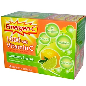 Emergen-C, растворимый шипучий витамин C со вкусом лимона, 1000 мг, 30 пакетов по 9.3 г каждый