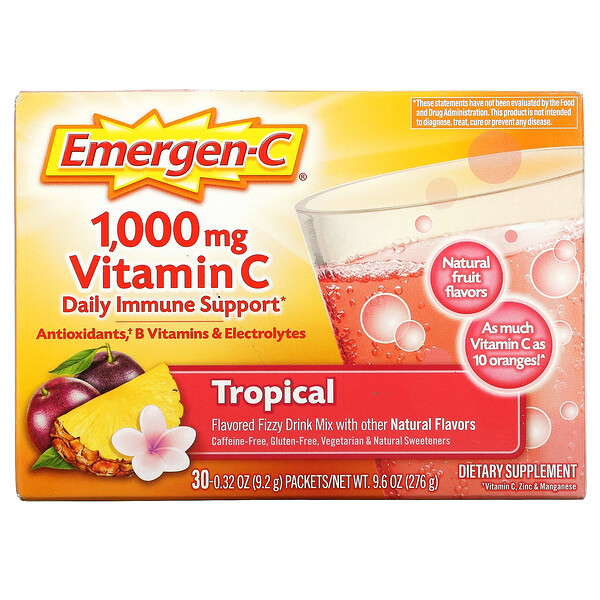 Emergen-C, Витамин C, смесь ароматизированных газированных напитков, тропические фрукты, 1000 мг, 30 пакетиков по 9,2 г (0,32 унции)