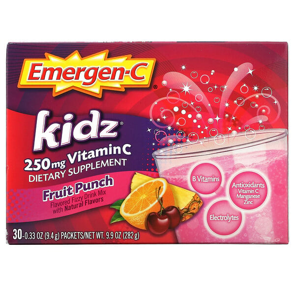 Emergen-C, Kidz, смесь для газированных напитков со вкусом витамина C, фруктовый пунш, 250 мг, 30 пакетиков по 9,4 г (0,33 унции)