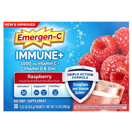 Emergen-c Immune+ Vitamin C + Vitamin D & Zinc, Raspberry, 30 Packets, 0.31 oz (8.8 g) Each