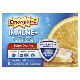 Emergen-C, Immune+, vitamín C + vitamín D a zinek, Super pomeranč, bez kofeinu, 30 balení, 9,4 g (0,33 oz) každé