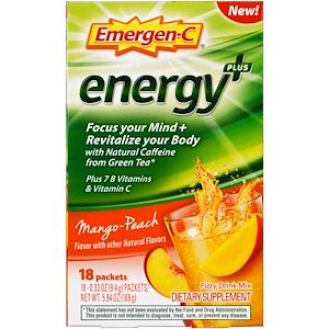 Emergen-C, Energy Plus, персик-манго, 18 пакетиков, 0.33 унции (9.4 г) каждый