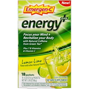 Emergen-C, Energy Plus, лимон-лайм, 18 пакетиков, 0.32 унции (9.2 г) каждый