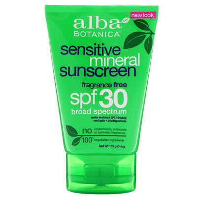 Купить Alba Botanica Солнцезащитный крем на минеральной основе, для чувствительной кожи, не содержит отдушек, SPF(солнцезащитный фактор) 30, 113 г (4 унц.)