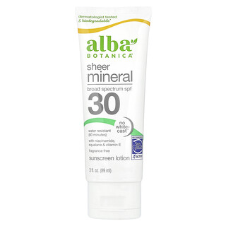 Alba Botanica, Losion Tabir Surya Sheer Mineral, SPF 30, Bebas Pewangi, 89 ml (3 ons cairan)