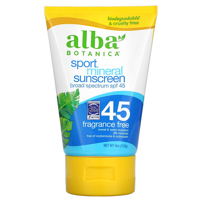 Купить Alba Botanica Sport, минеральный солнцезащитный крем, SPF 45, без отдушек, 113 г (4 унции)