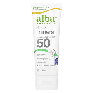 Alba Botanica, Losion Tabir Surya Sheer Mineral, SPF 50, Bebas Pewangi, 89 ml (3 ons cairan)
