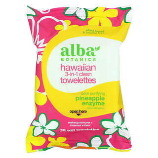 Alba Botanica, Гавайские чистые салфетки 3-в-1, ананасовый фермент, 25 влажных салфеток