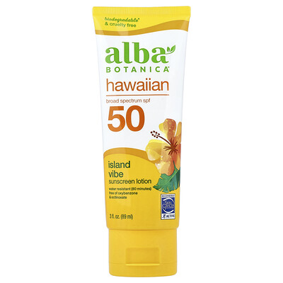 Product Image for Alba Botanica, Hawaiian Sunscreen Lotion, SPF 50, Island Vibe, 3 fl oz (89 ml)