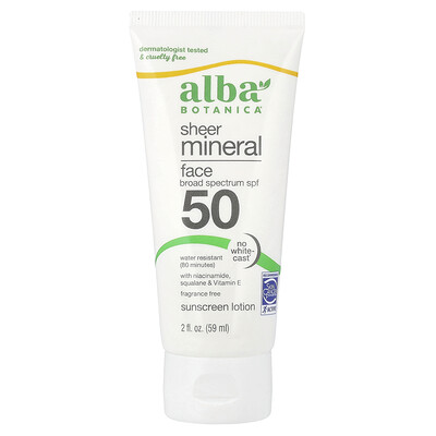 Product Image for Alba Botanica, Sheer Mineral Face Sunscreen Lotion, SPF 50, Fragrance Free, 2 fl oz (59 ml)
