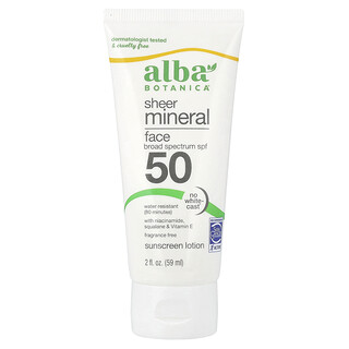 Alba Botanica, Losion Tabir Surya Wajah Sheer Mineral, SPF 50, Bebas Pewangi, 59 ml (2 ons cairan)