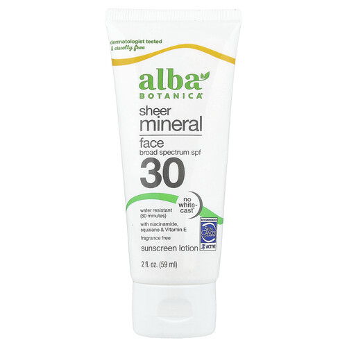 Alba Botanica, Sheer Mineral Face Sunscreen Lotion, SPF 30, Fragrance Free, 2 fl oz (59 ml)
