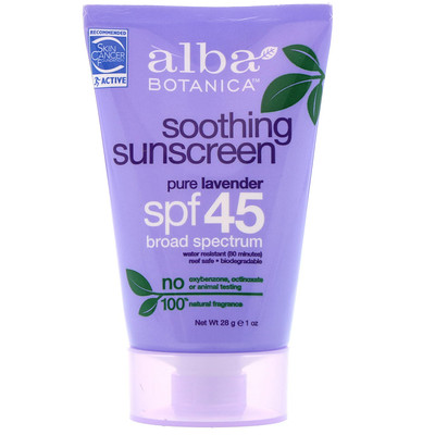 Alba Botanica Soothing Sunscreen, SPF 45, Pure Lavender, 1 oz (28 g)