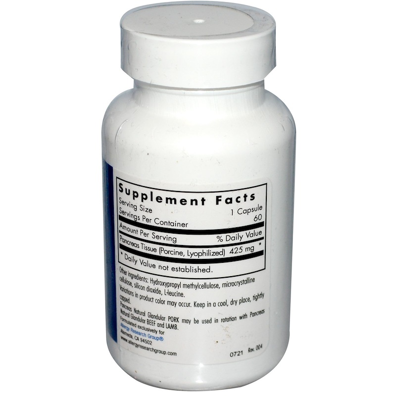 Allergy Research Group, Pancreas, Natural Glandular (Pork), 60 Veggie