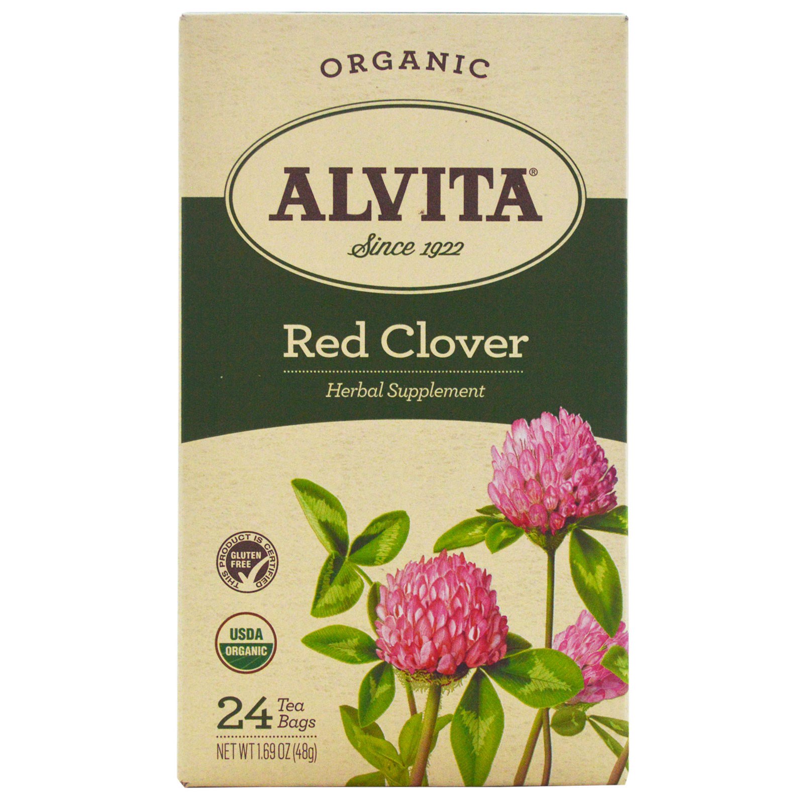 Alvita Teas, Organic, чай из красного клевера, без кофеина, 24 чайных пакетика, по 1,69 унции (48 г) каждый