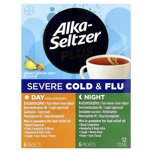 Alka-Seltzer Plus, Severe Cold & Flu, Day & Night, Honey Lemon Zest, 12 Packets