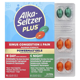 Alka-Seltzer Plus, Gel PowerMax®, Congestione e dolore sinusale, Giorno e notte, 24 gel liquidi