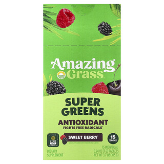 Amazing Grass‏, Super Greens, נוגד חמצון, פירות יער מתוקים, 15 שקיקים אישיים, 7 גרם (0.24 אונקיות) כל אחד