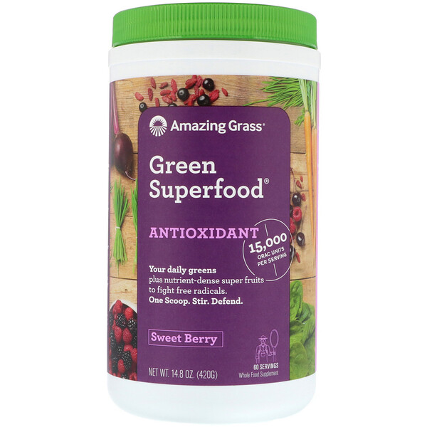 Amazing Grass, Green Superfood, антиоксиданты, сладкие ягоды, 14,8 унц. (420 г)