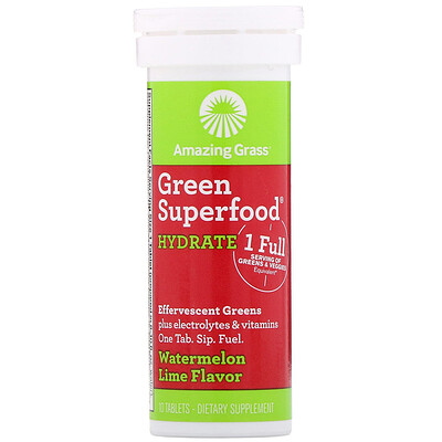 Amazing Grass Green Superfood, шипучий напиток из зелени для поддержания водного баланса, со вкусом арбуза и лайма, 10 таблеток