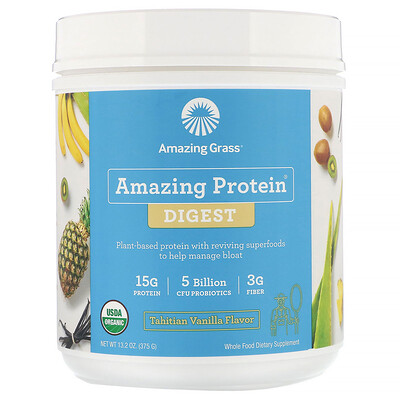Amazing Grass Amazing Protein, «Здоровое пищеварение», 5 млрд КОЕ, со вкусом таитянской ванили, 375 г