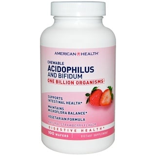 American Health, Chewable Acidophilus and Bifidum, Natural Strawberry Flavor, 100 Wafers