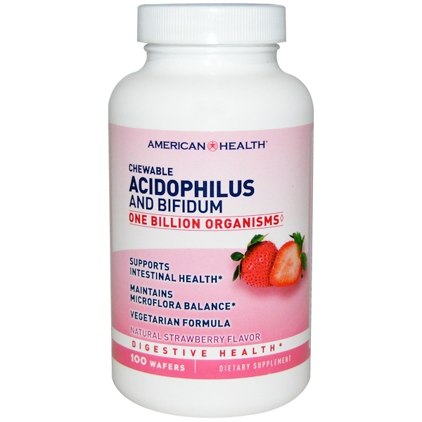American Health, Acidophilus and Bifidum, Chewable, Natural Strawberry Flavor, 100 Wafers